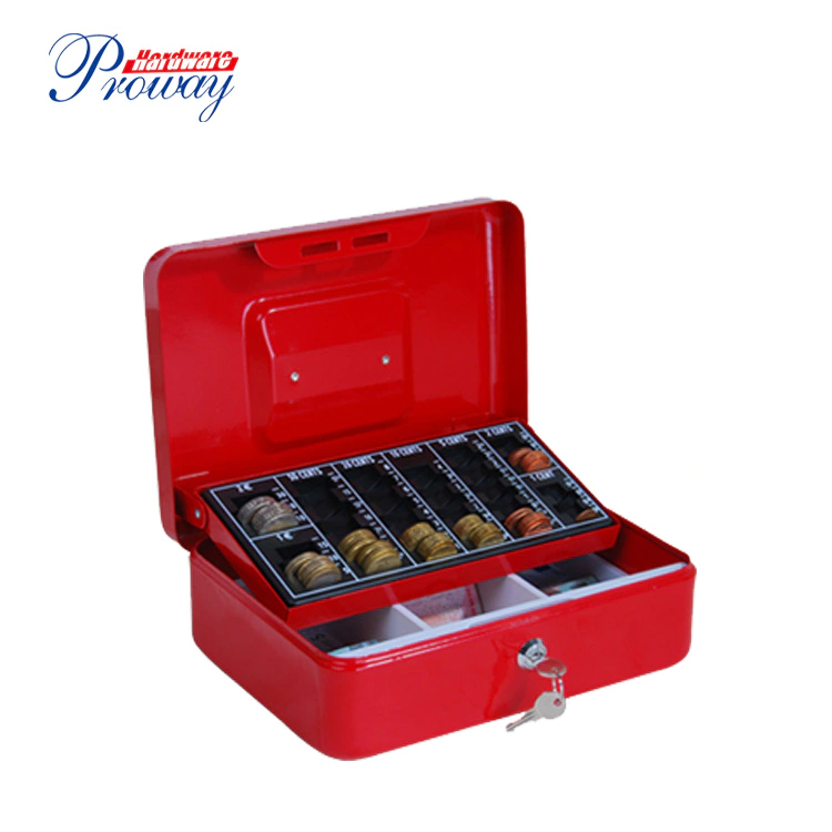 Metal Cash Money Box, Removable Cash Tray With Compartment For Rolled Euro Coins And Business Cheques Cash Box/
