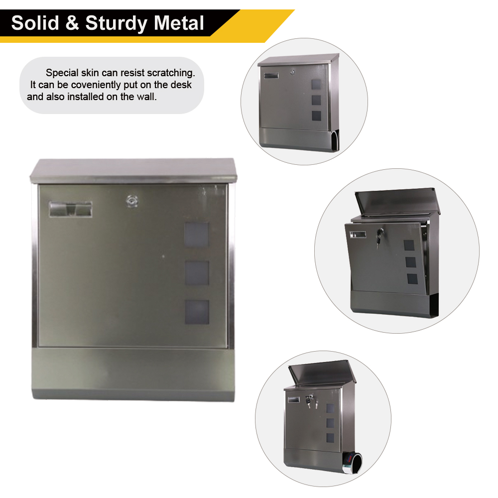 Stainless Steel Mailboxes with Key Lock, Wall Mounted Large Capacity Mailbox with Newspaper Compartment